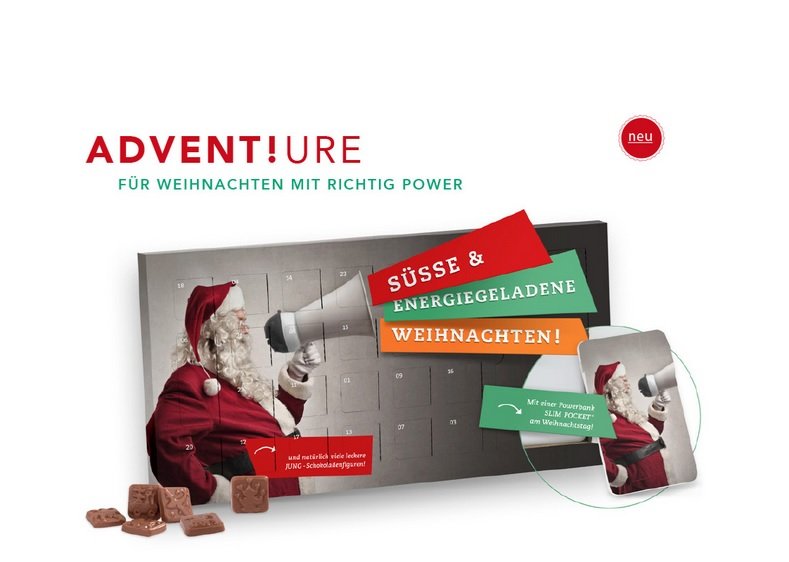 WerbeNEUHEIT Adventskalender mit integrierter PowerBank als Werbeartikel  mit dem neuen Werbegeschen